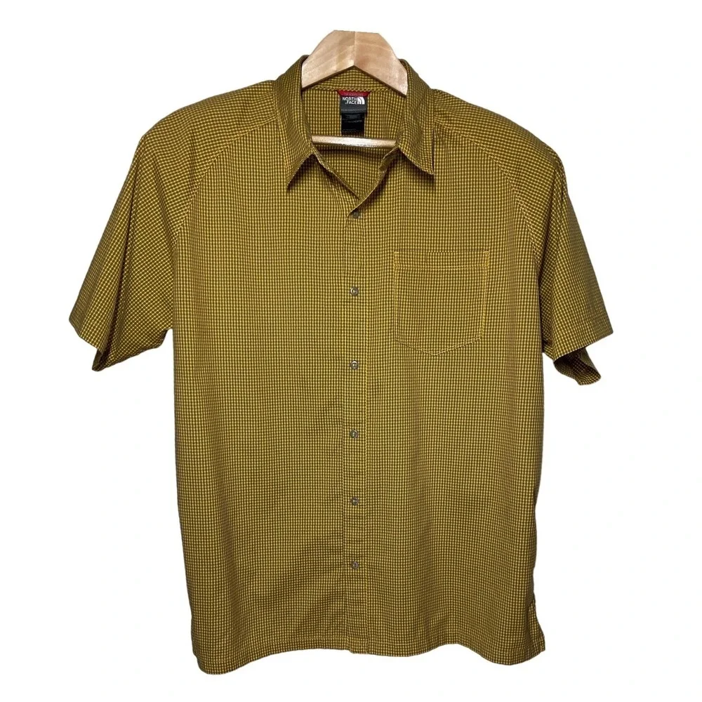 The North Face Men XL Short Sleeve Gingham Button Down Shirt Mustard Yellow Grey